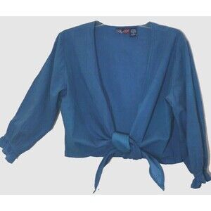 Y2K PHOAL sz M 100% Cotton Blue Waist Tie Blouse Top 3/4 Gathered Cuff Sleeves